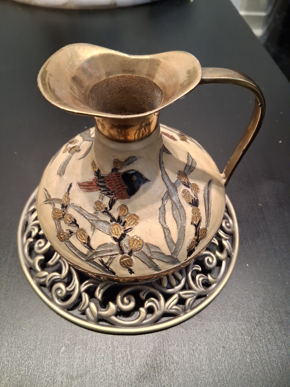 Ceramic Pitcher Vase with Gold Accents and Bird Motif - Cream and Gold